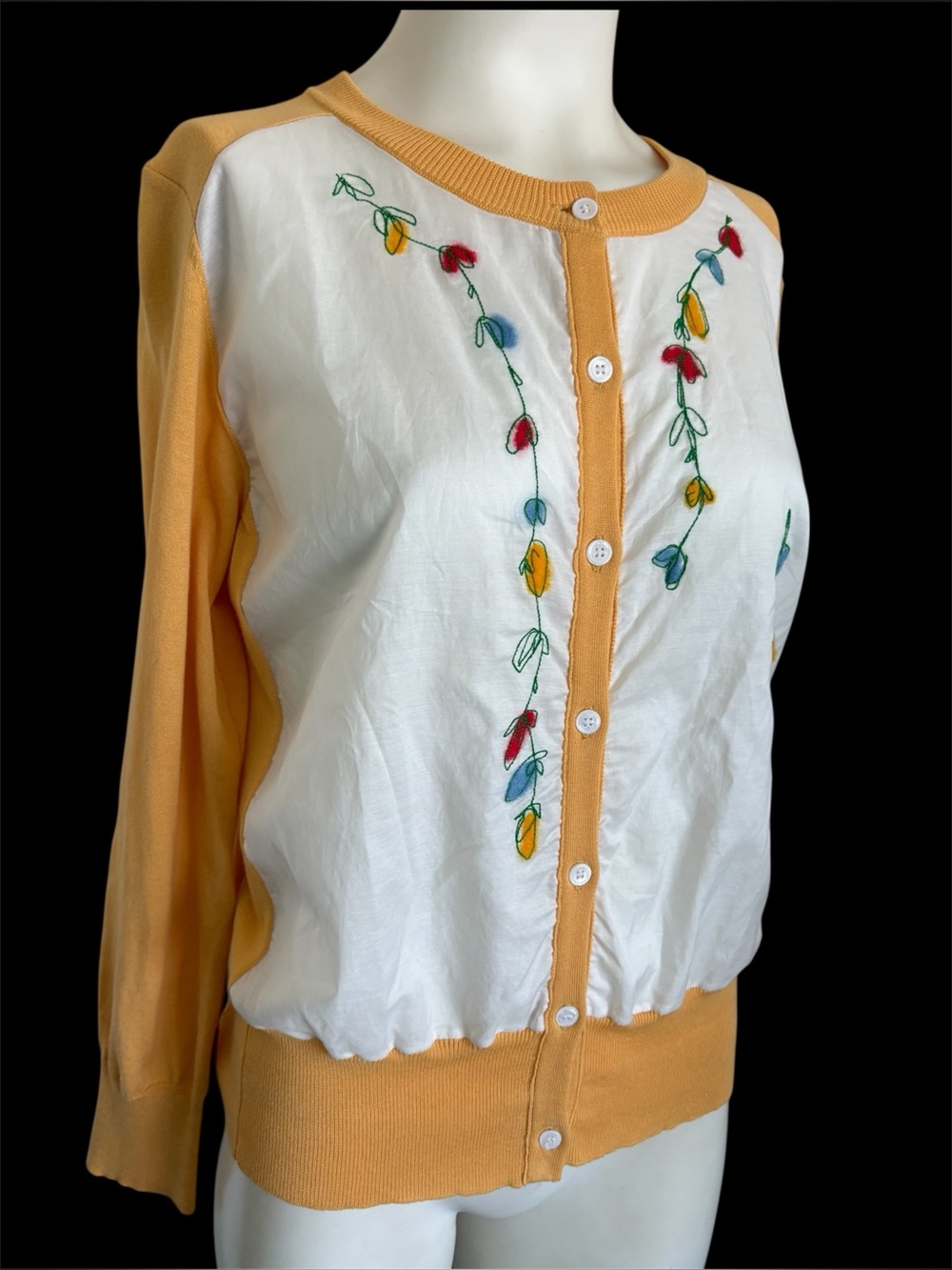 Yoshi Kondo Paris Gold White Abstract Floral Embroidered Cardigan sz L